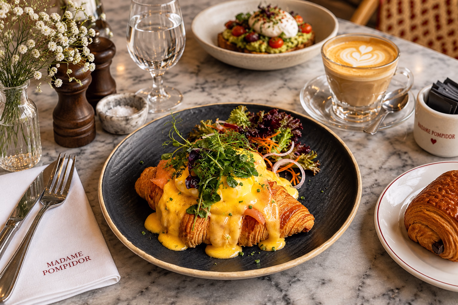 Brunch spread with croissant eggs on marble