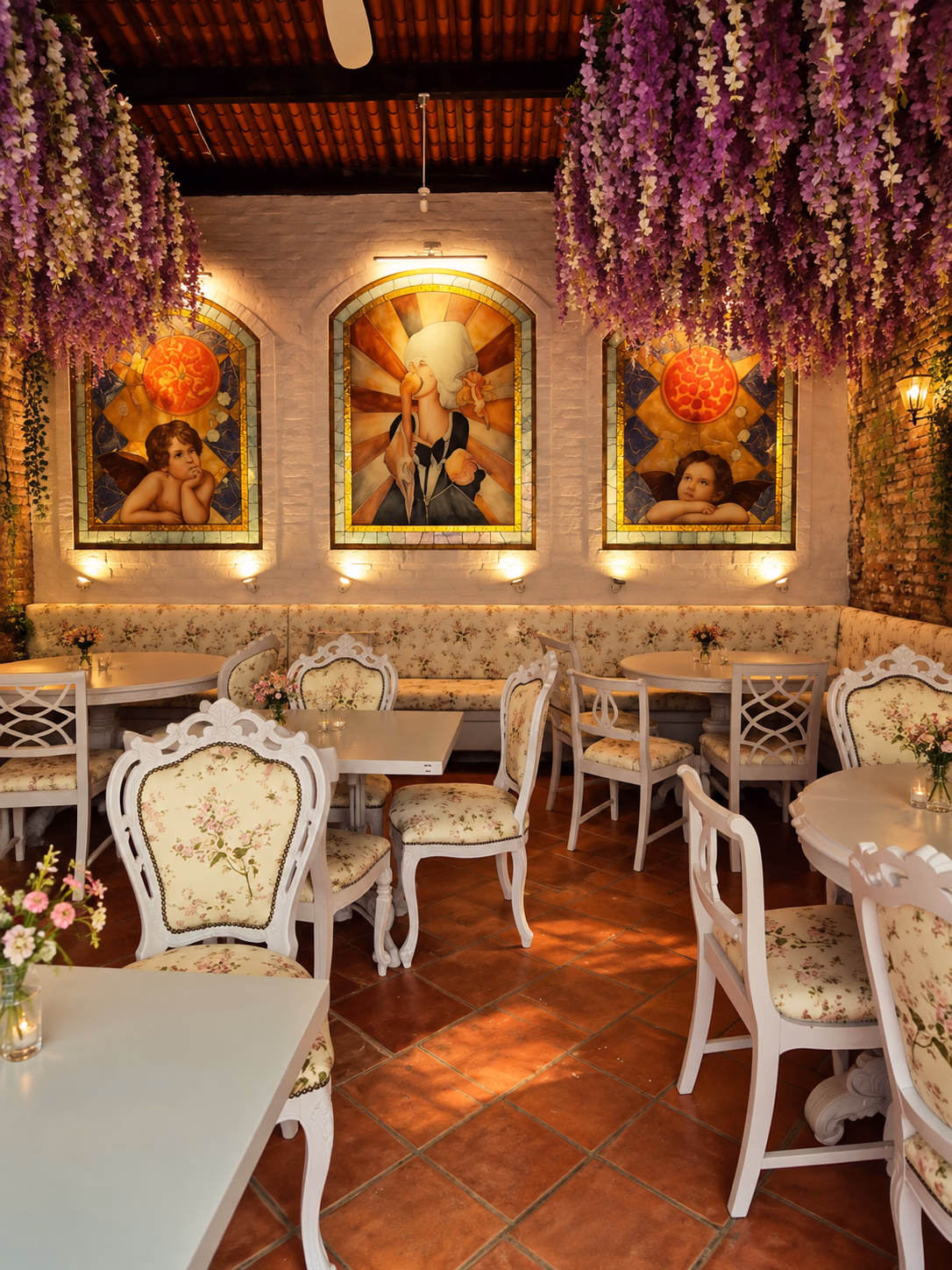 White floral dining room with cherub arches