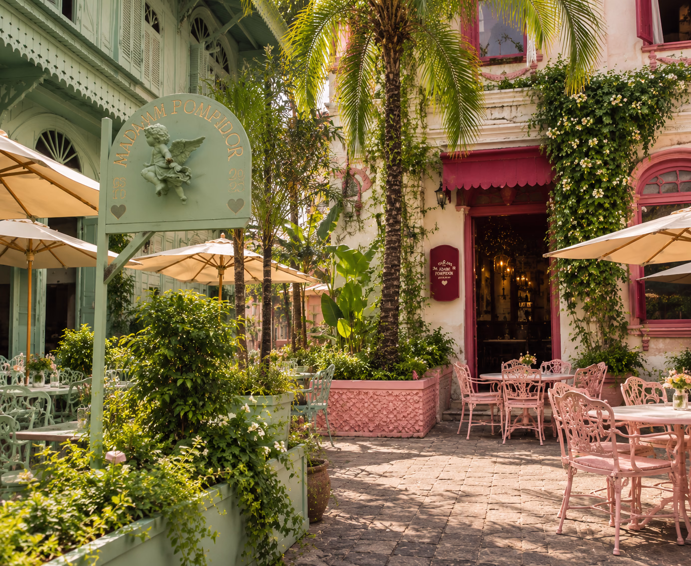 Mint and pink patio with signpost