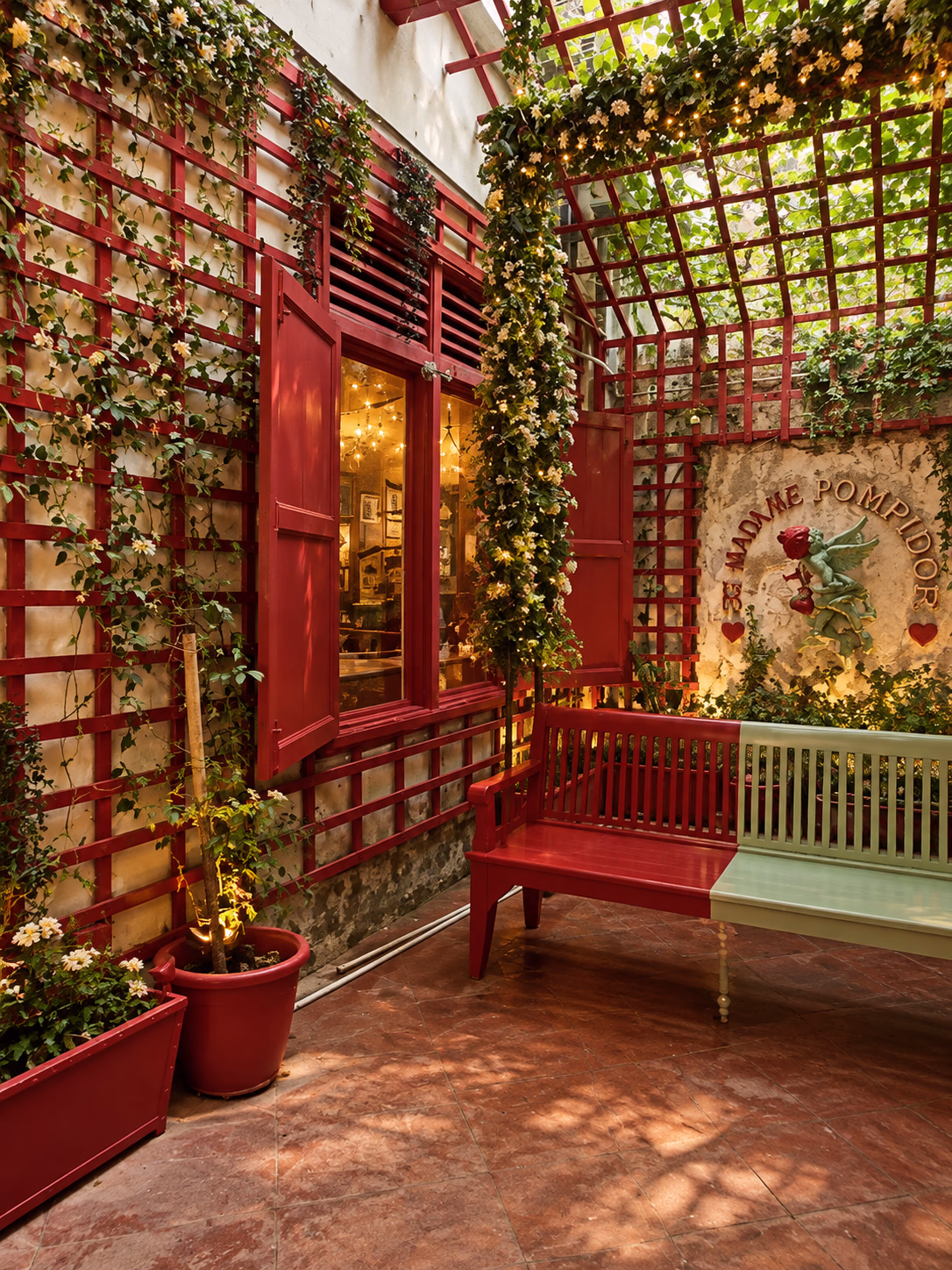 Red trellis courtyard with colourful bench