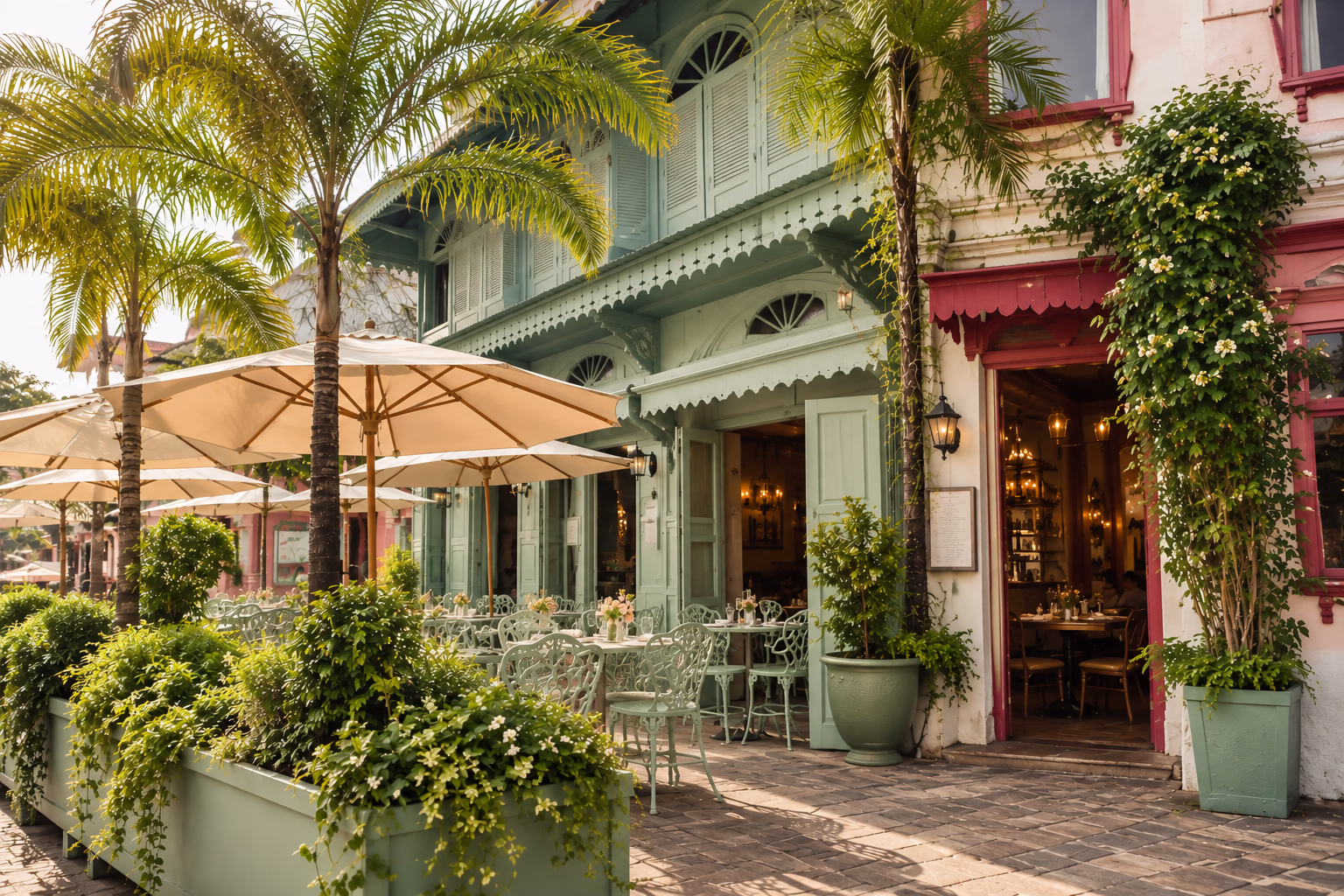 Courtyard patio with mint and pink umbrellas at Madame Pompidor